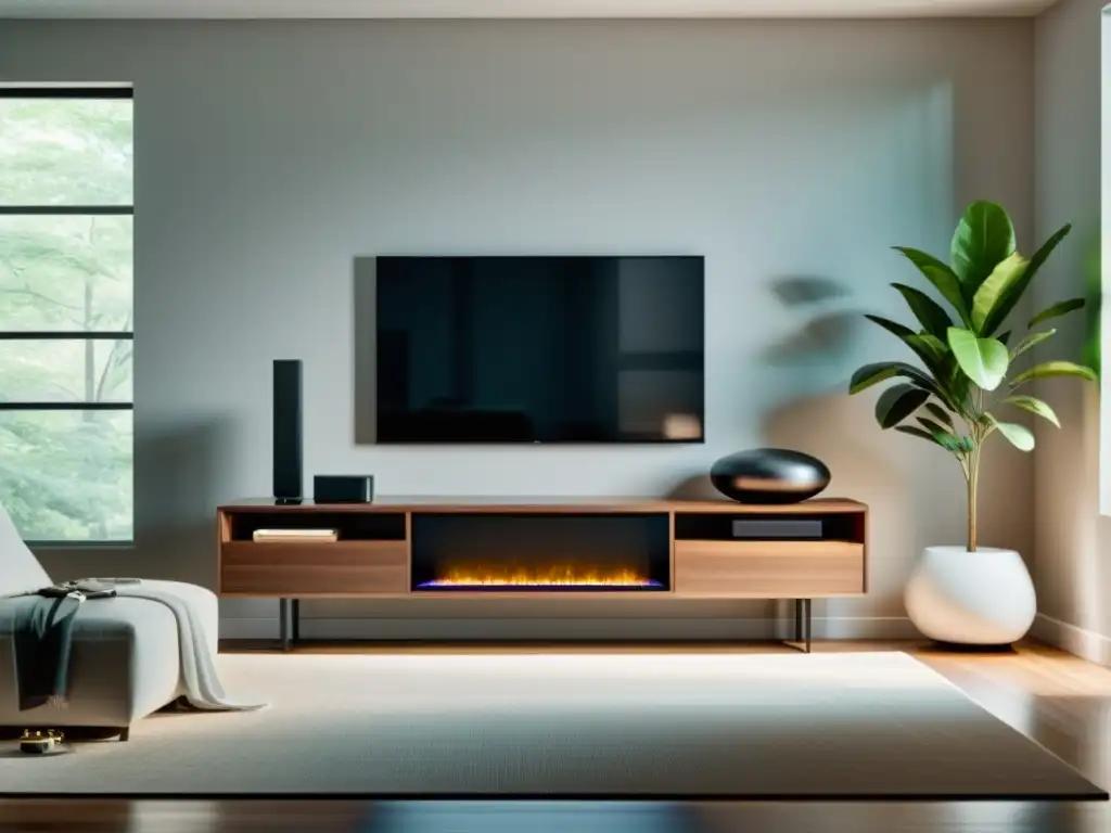 Salón minimalista con centro de entretenimiento moderno y eficiente energéticamente
