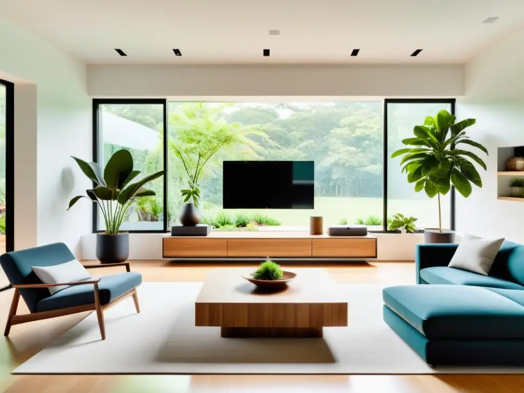 Salón minimalista con tecnología inteligente y diseño ecofriendly Salón minimalista con dispositivos domóticos integrados y materiales sostenibles