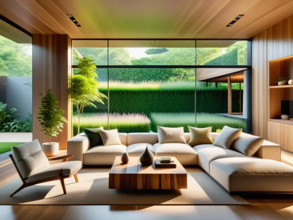 Sala minimalista con decoración sostenible y vista al jardín Salón minimalista con iluminación eficiente y decoración sostenible, promoviendo el uso responsable y sostenible del entretenimiento doméstico