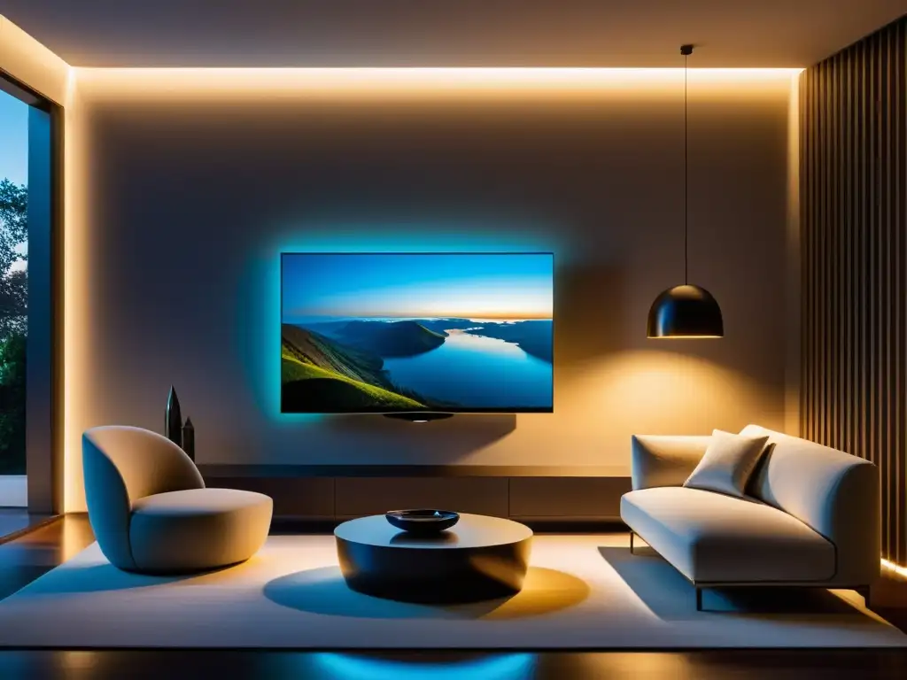 Un salón minimalista con un elegante panel OLED en la pared emitiendo una suave y cálida luz, ideal para hogares sostenibles