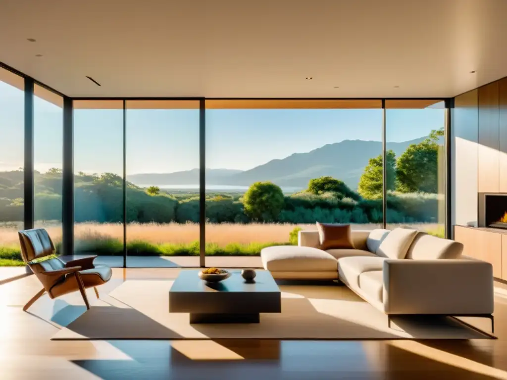 Salón minimalista con energía limpia, vista solar y muebles sostenibles