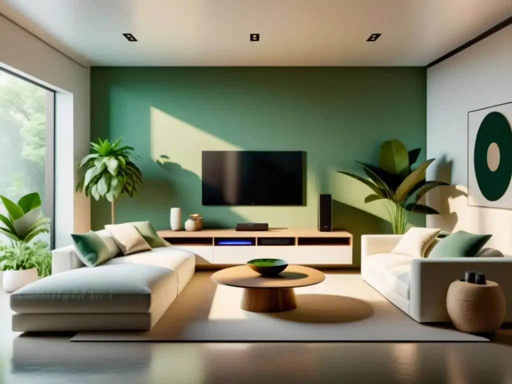 Salón sostenible con entretenimiento ecológico y paz natural Salón minimalista con entretenimiento sostenible, promoviendo armonía con la naturaleza