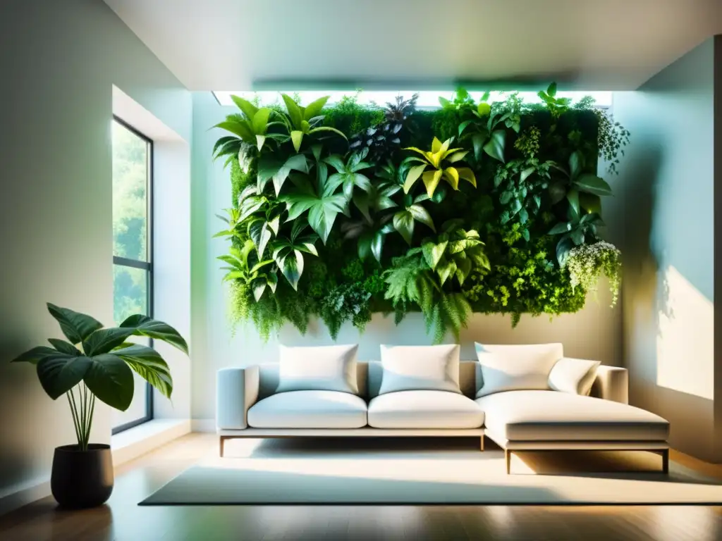 Un salón minimalista con una espectacular pared verde llena de plantas vibrantes