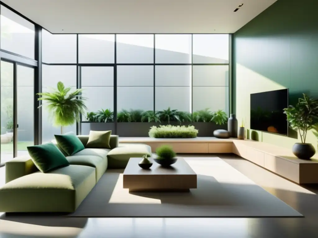 Salón minimalista con innovaciones materiales cambio fase, sostenible y futurista, integradas en el diseño y mobiliario, con toques verdes de plantas