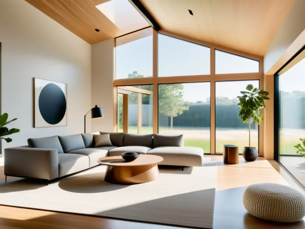 Sala de estar minimalista inundada de luz natural para un hogar sostenible Un salón minimalista y luminoso con estrategias de energía solar pasiva hogar