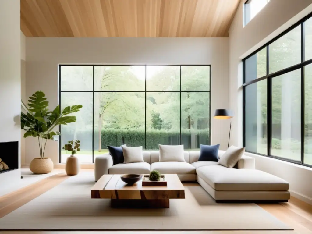 Salón ecológico con materiales sostenibles y diseño minimalista Salón minimalista con materiales construcción ecológicos sostenibles, ambiente calmado y conexión con la naturaleza a través de grandes ventanas