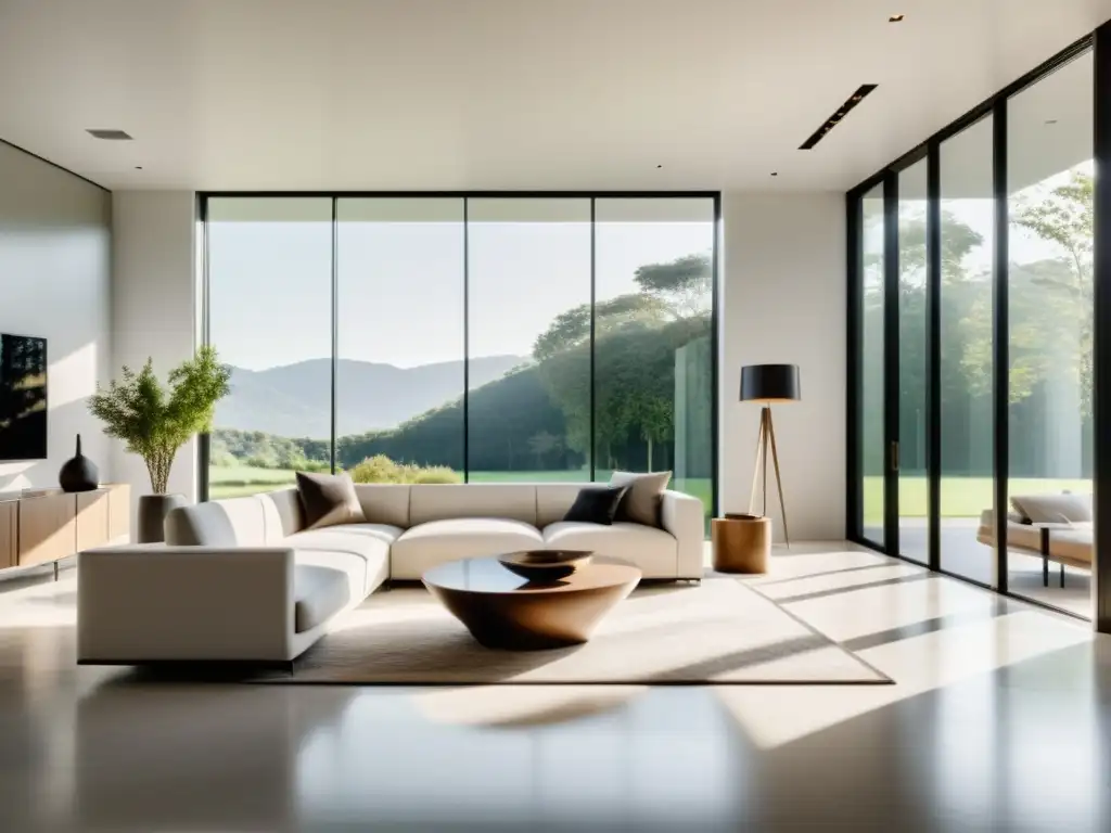 Un salón minimalista con mobiliario moderno en tonos neutros