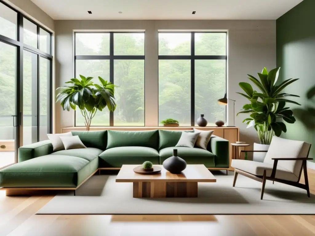 Salón minimalista con muebles sostenibles y materiales innovadores para hogar sostenible, inundado de luz natural y plantas verdes