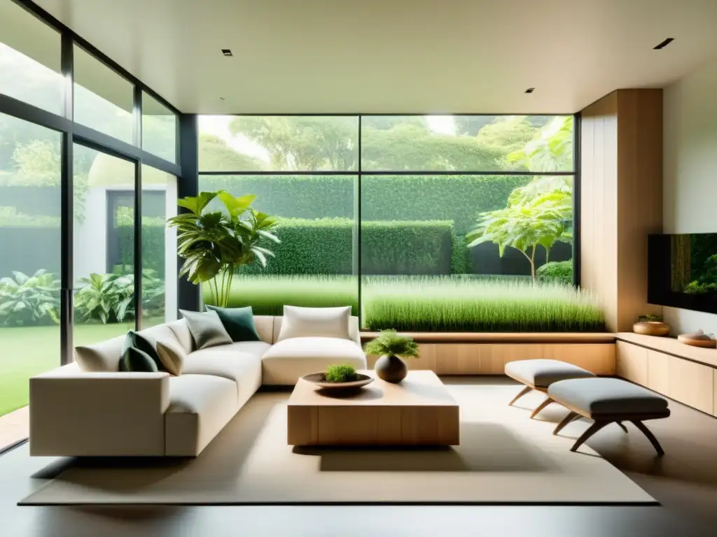 Salón minimalista con muebles sostenibles, iluminado por luz natural y vistas al jardín