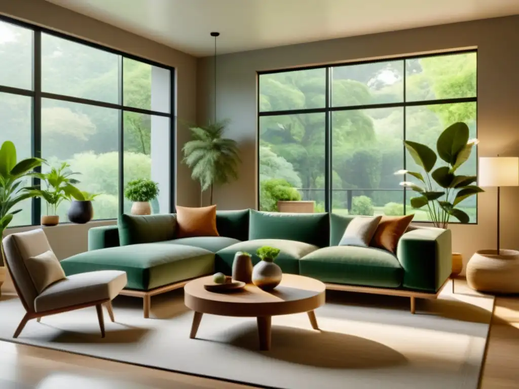 Salón minimalista con muebles sostenibles, plantas y luz natural