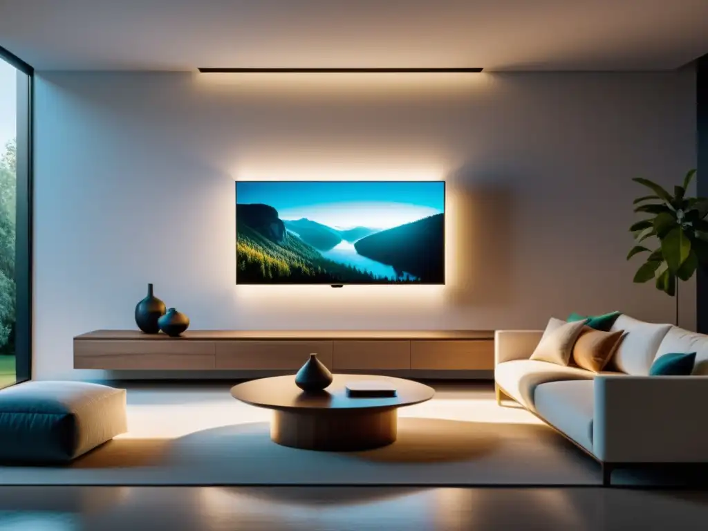 Un salón minimalista con paneles OLED para hogares sostenibles, iluminado por luz natural y mobiliario moderno