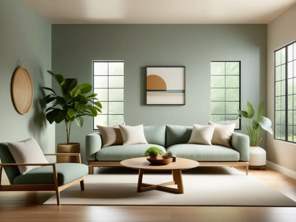 Salón minimalista con pinturas no tóxicas para hogar sostenible, iluminado por luz natural y decorado con muebles ecológicos y plantas