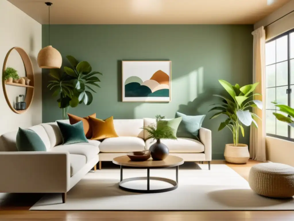 Salón minimalista con pinturas no tóxicas para hogar sostenible, iluminado por luz natural y decorado con elementos ecofriendly y naturales