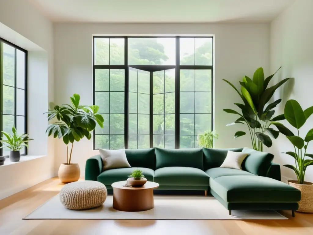 Salón minimalista con plantas verdes, purificador de aire y textiles sostenibles