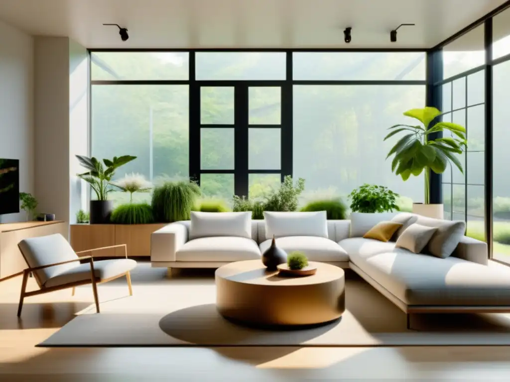 Salón minimalista sereno con mobiliario moderno y sostenible, plantas y jardín de hierbas