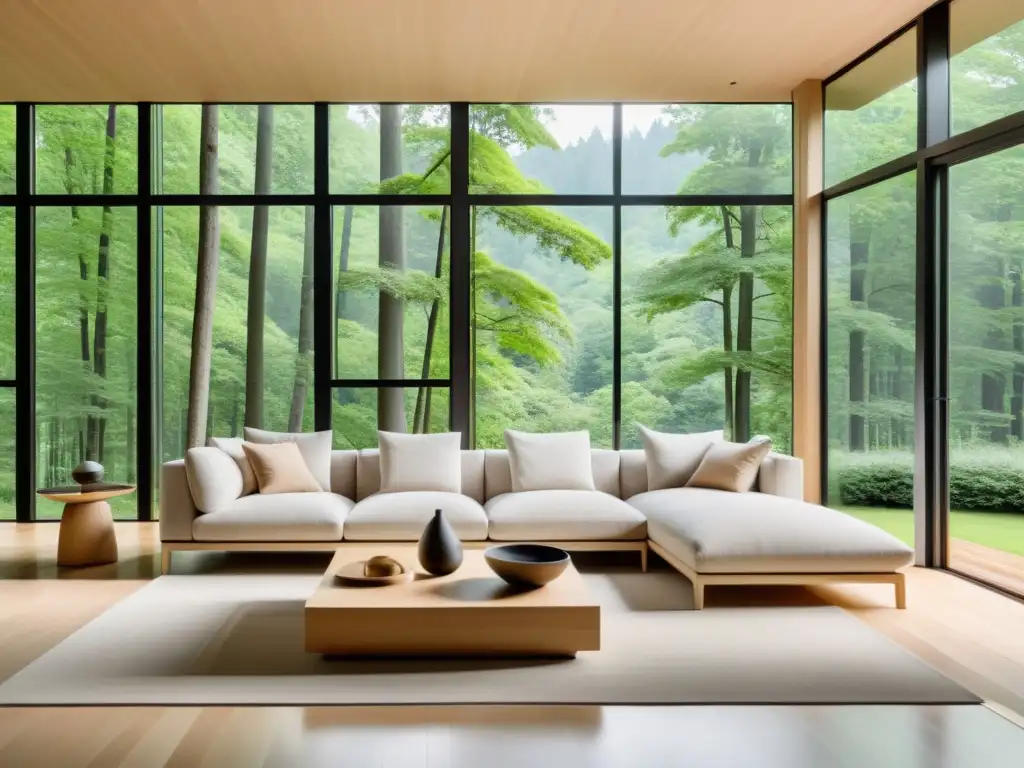 Salón minimalista sereno con vistas a un bosque verde exuberante, iluminado por luz natural