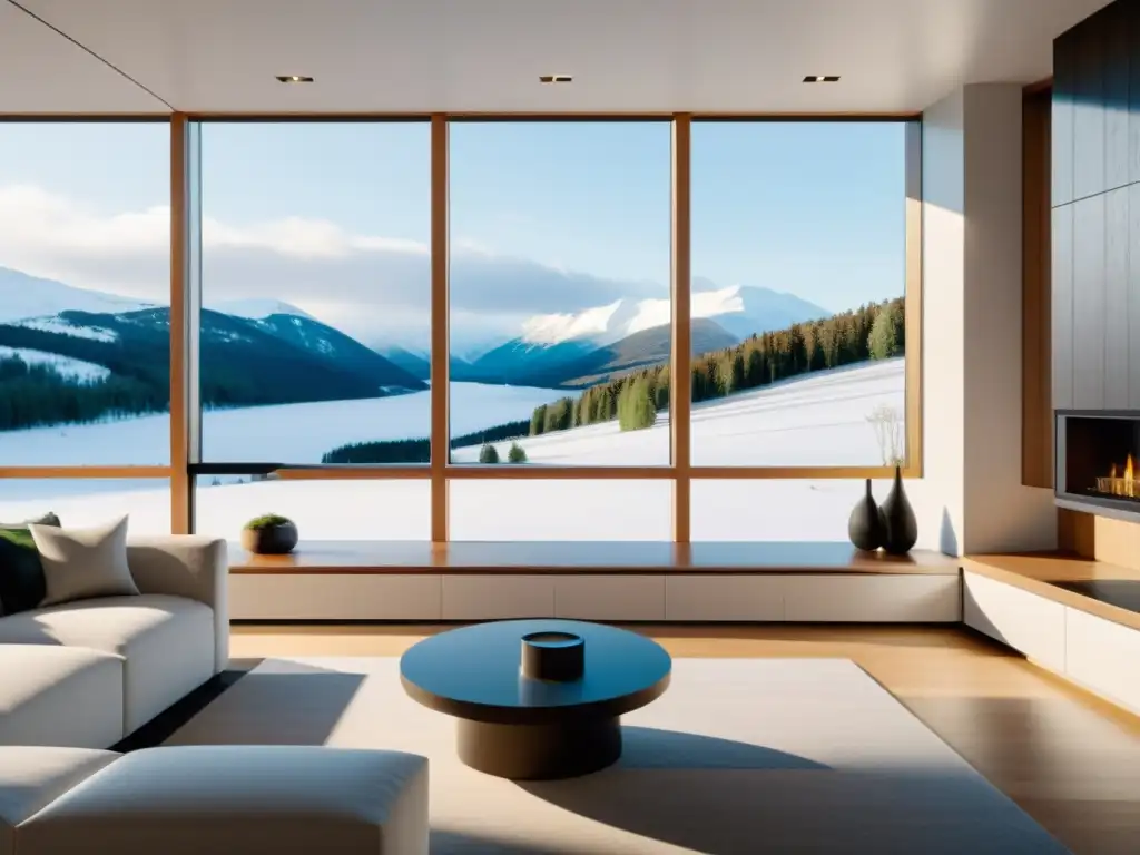 Salón minimalista con soluciones innovadoras almacenamiento térmico climas extremos, vista a paisaje nevado por ventana amplia