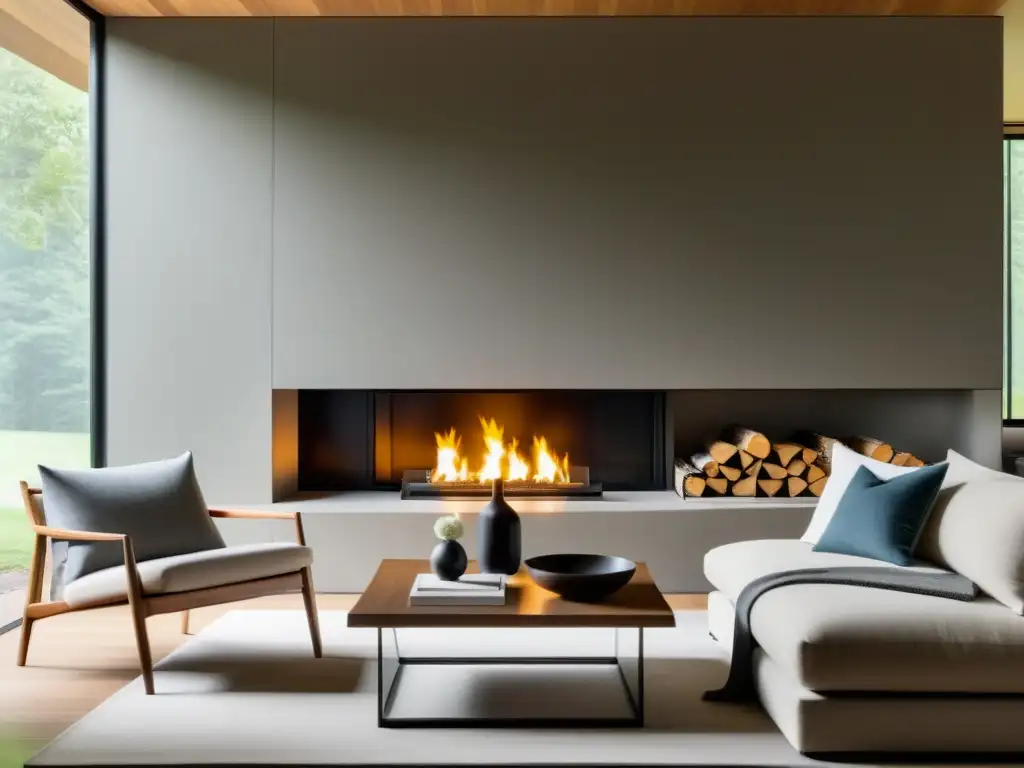 Salón minimalista con ventanales, chimenea moderna y muebles elegantes