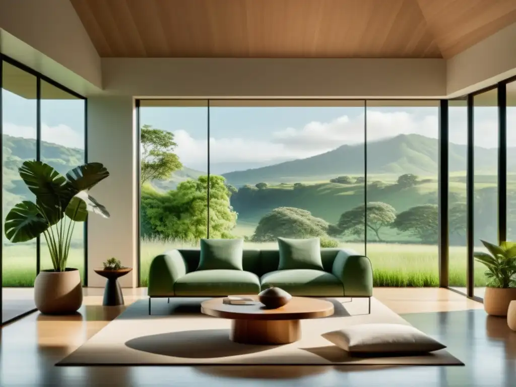 Un salón minimalista con vista a un paisaje verde