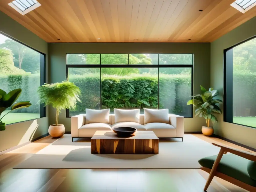 Salón minimalista con vista a jardín verde