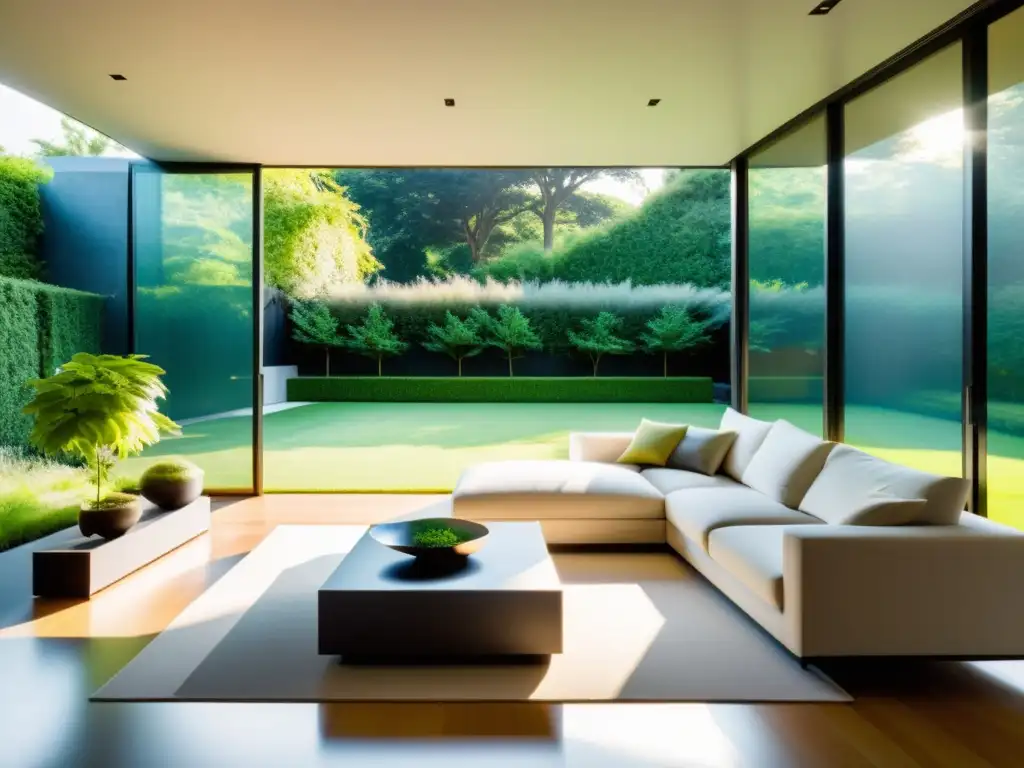 Salón minimalista con vista a jardín verde