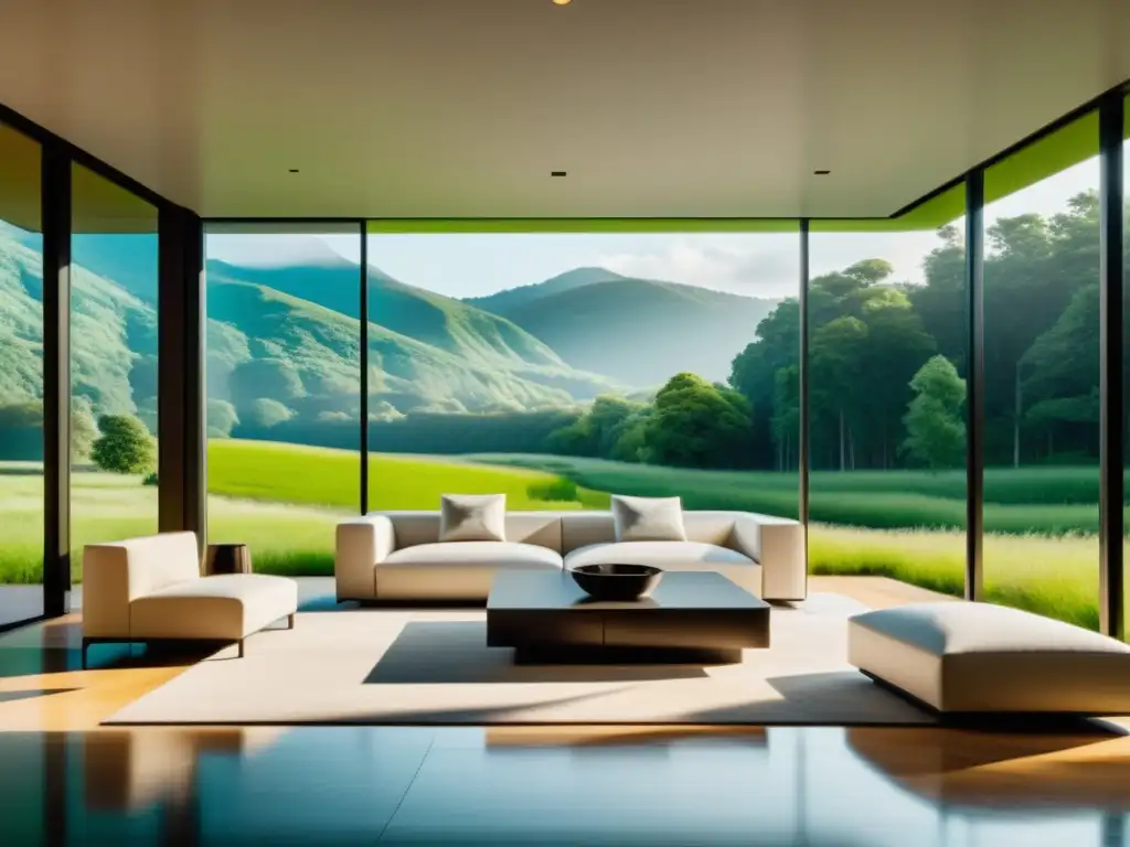 Salón minimalista con vistas a la naturaleza, iluminado por luz natural y sistema de geotermia integrado