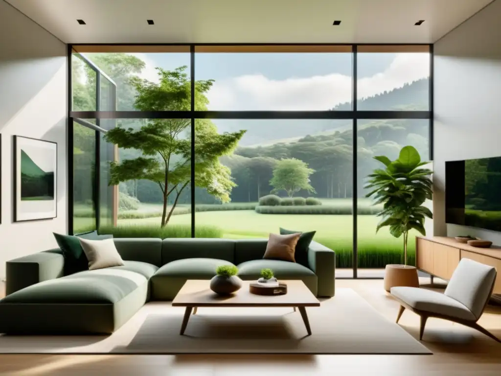 Salón minimalista con vistas a paisaje verde