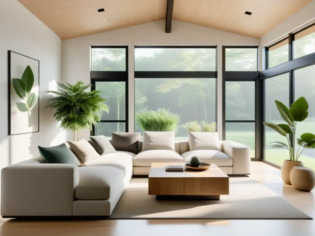 Salón minimalista en vivienda modular ecológica sostenible, muebles sostenibles, luz natural y plantas, transmiten tranquilidad y elegancia moderna