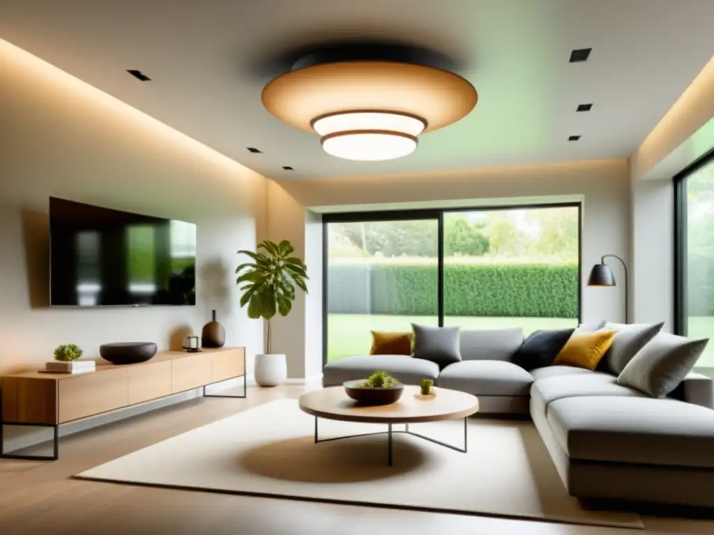 Salón moderno con bombillas inteligentes para eficiencia energética, decoración minimalista y luz natural