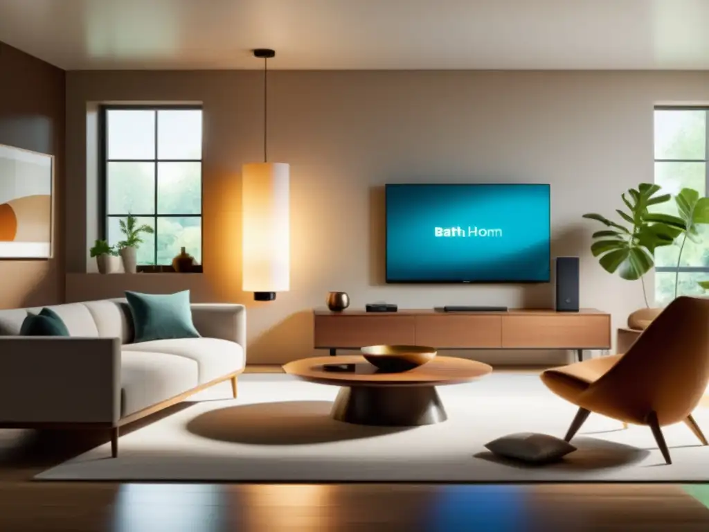 Salón moderno con dispositivos electrónicos eficientes energéticamente, iluminado naturalmente