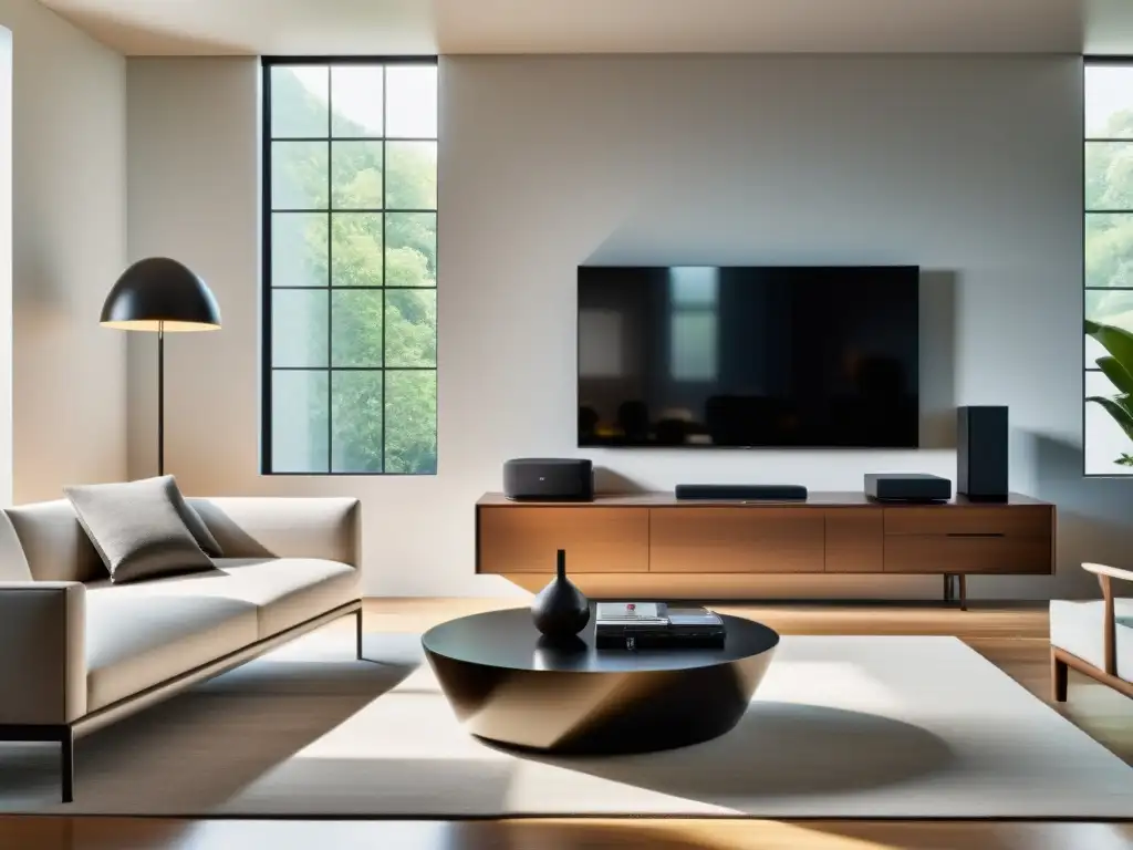 Salón moderno con dispositivos electrónicos minimalistas y consejos de eficiencia energética