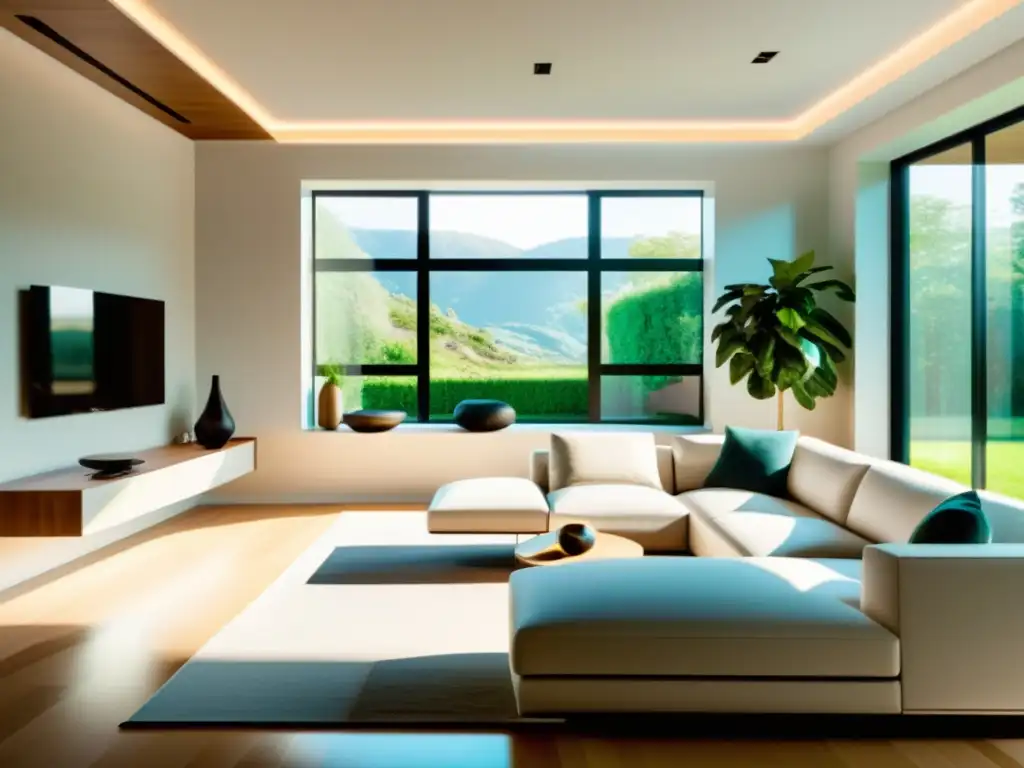 Salón moderno y eficiente con dispositivos inteligentes y paneles solares, transmitiendo la armonía de la tecnología y la sostenibilidad