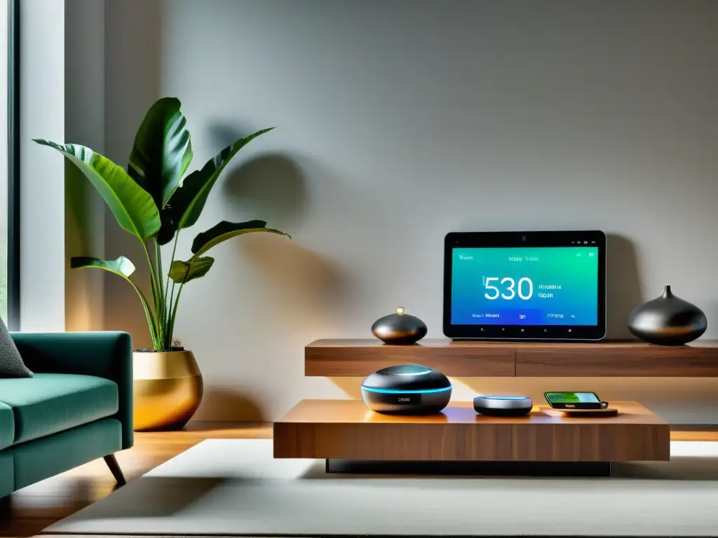 Salón moderno con gadgets interactivos de casa inteligente, destacando la sostenibilidad y sofisticación en un ambiente minimalista