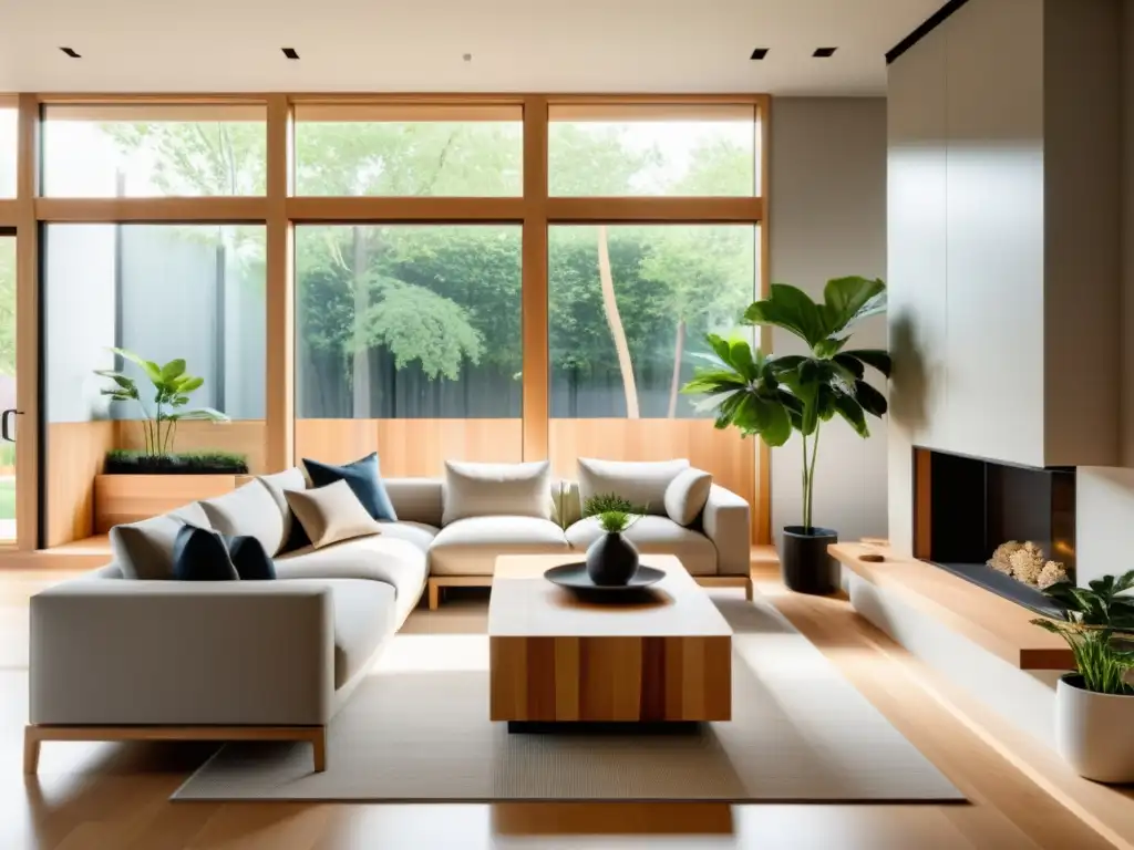 Sala de estar minimalista con materiales sostenibles y ecoamigables Salón moderno con materiales de construcción ecológicos sostenibles, mobiliario de madera natural y decoración ecoconsciente