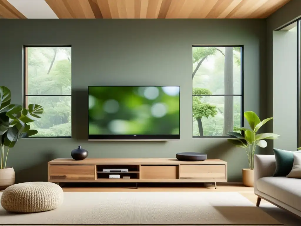 Sala minimalista con entretenimiento ecológico y vistas naturales Un salón sereno y minimalista con dispositivos de entretenimiento ecológicos organizados en un mueble de TV sostenible