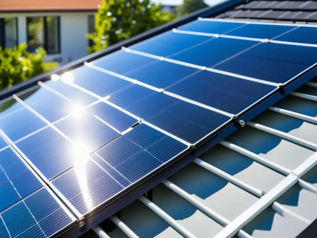 Instalación segura de paneles solares domésticos en un techo residencial, muestra detalles intrincados y un aspecto profesional y fiable