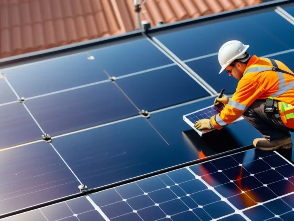 Instalación segura de sistemas de montaje solar en tejado, trabajadores siguiendo estrictos estándares de seguridad y protocolos de instalación