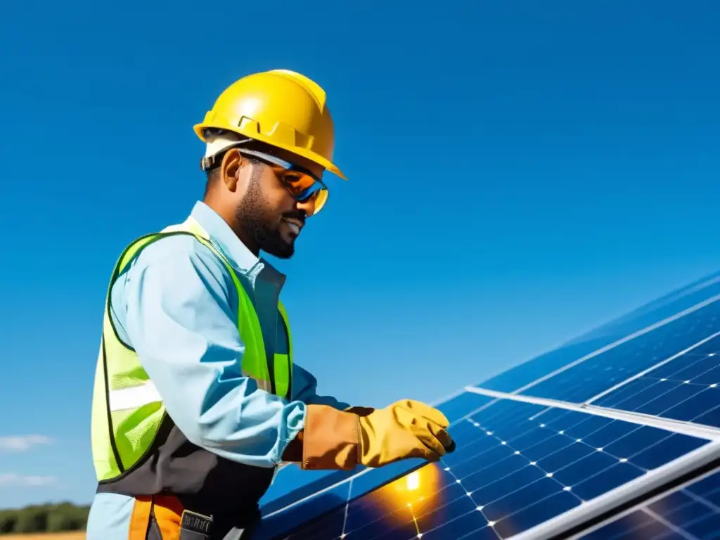 Instalación segura de sistemas solares con medidas de seguridad en un día soleado