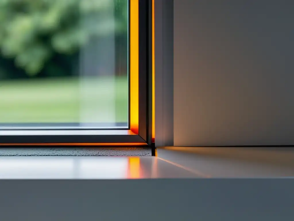 Sellado de Fugas de Aire: ventana moderna con sellante airtight, bañada por luz natural, impacto en ahorro energético