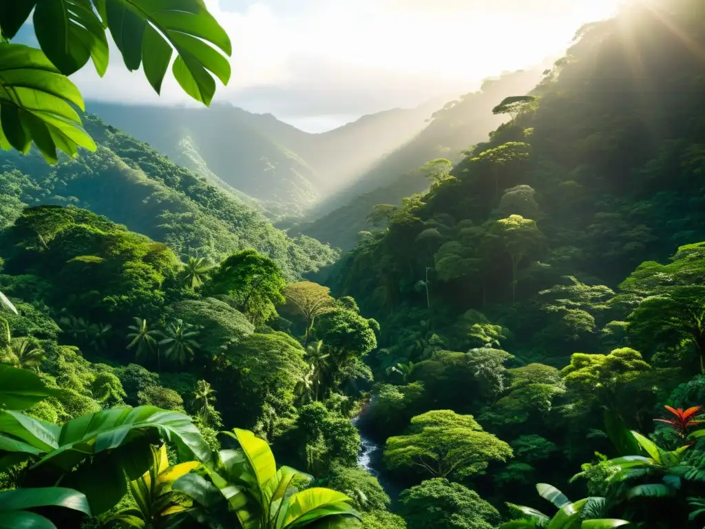 Selva exuberante en Costa Rica, con luz solar filtrándose a través del dosel e iluminando la exuberante vegetación verde y la diversa vida silvestre