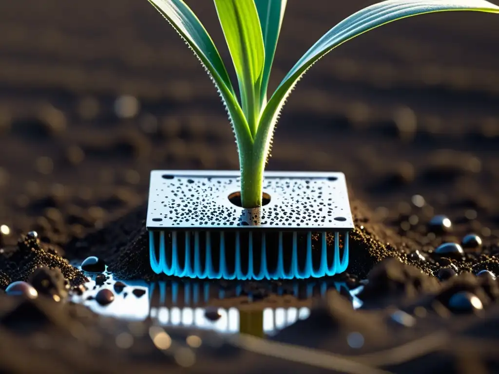 Sensor de humedad en suelo tecnológico: detalle ultradetallado Un sensor de humedad del suelo de alta tecnología en contraste con la tierra oscura y húmeda, capturando la esencia de la innovación