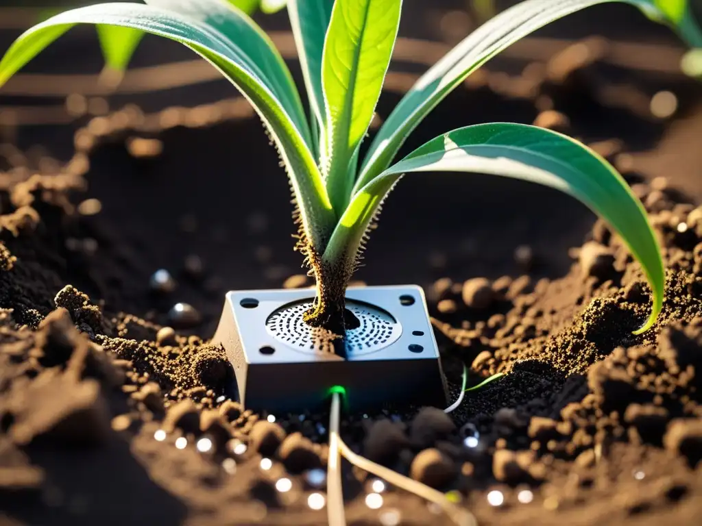 Sensor de humedad del suelo: detalle impresionante Sensor de humedad del suelo con gotas de agua, raíces verdes y luz solar filtrada a través del suelo
