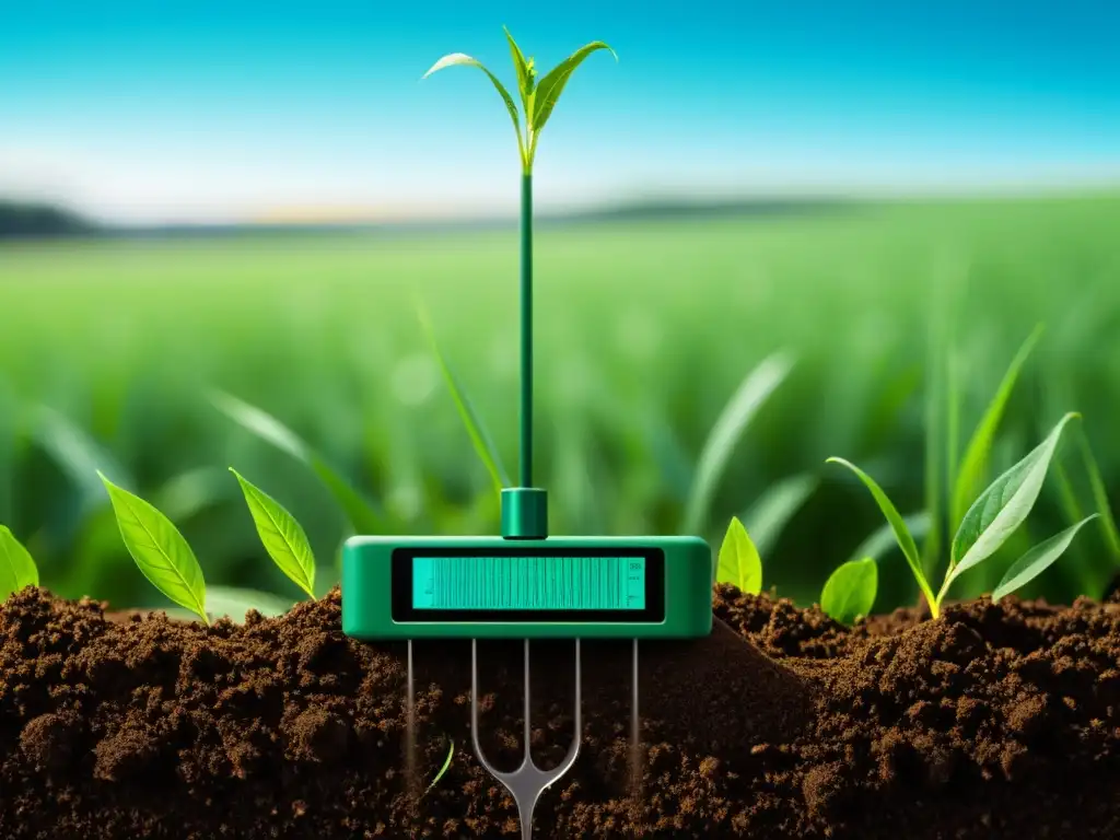 Sensor de humedad del suelo para riego sostenible en campo agrícola verde y exuberante, iluminado por suave luz solar