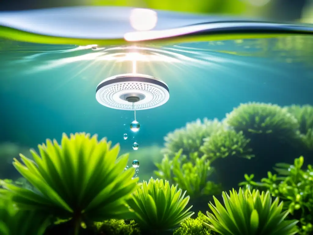 Un sensor de monitoreo de calidad del agua en un entorno acuático, rodeado de plantas y burbujas, transmite innovación y armonía ambiental