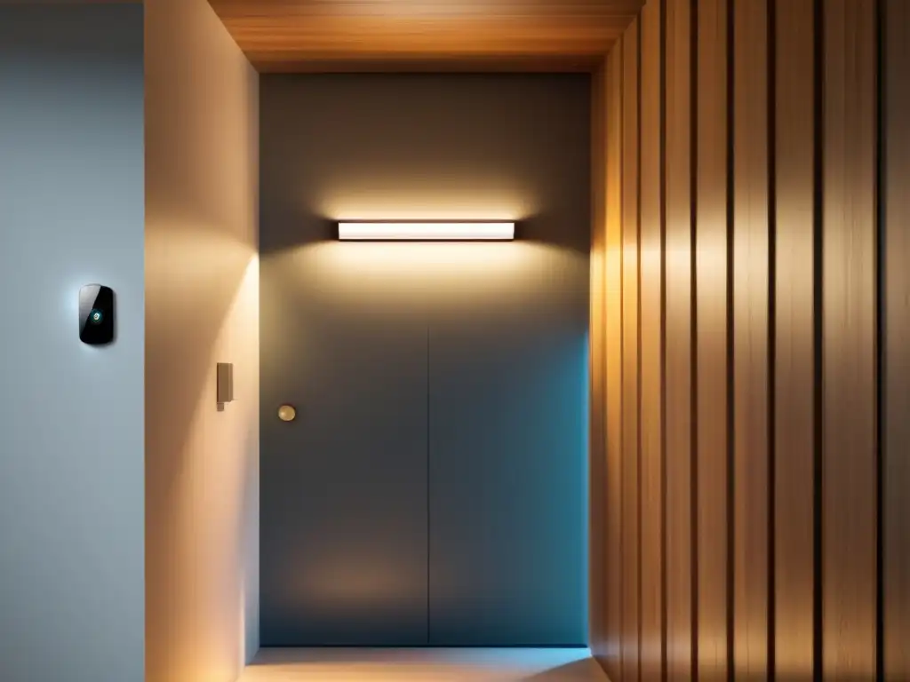 Un sensor de movimiento para iluminación instalado en un pasillo, emitiendo suave luz cálida