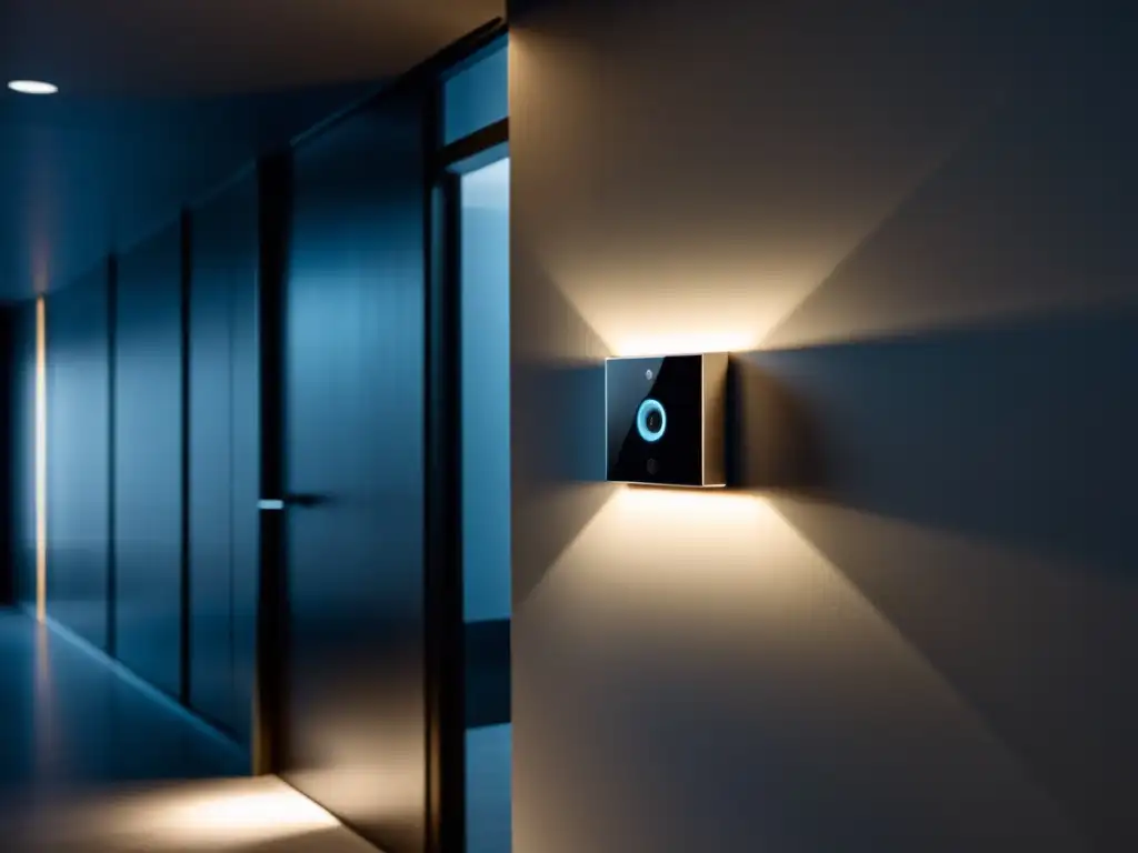 Un sensor de movimiento moderno y minimalista instalado en un pasillo con iluminación tenue