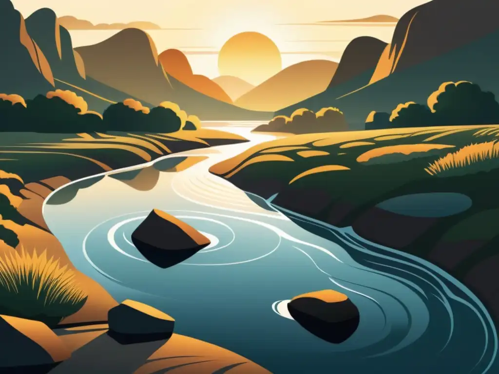 Ilustración serena de un río fluyendo entre rocas al atardecer, transmitiendo tranquilidad y belleza natural