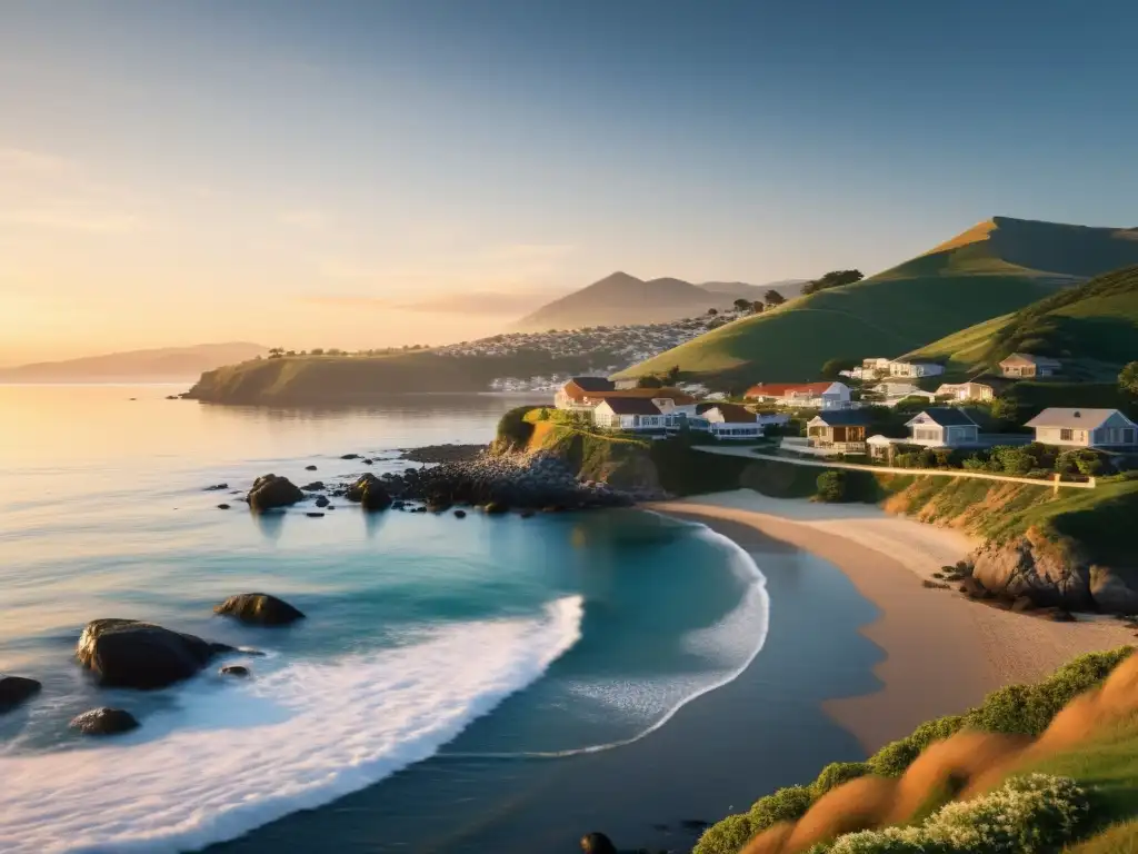 Amanecer sereno en la costa con olas suaves y comunidad residencial entre colinas, ideal para aplicaciones de energía de mareas