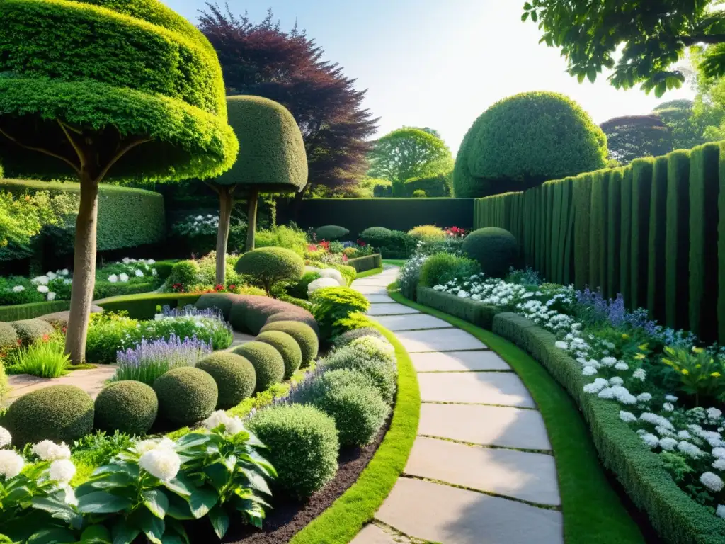 Jardín sereno con exuberante vegetación, flores vibrantes y sendero de piedra, evocando paz y belleza natural