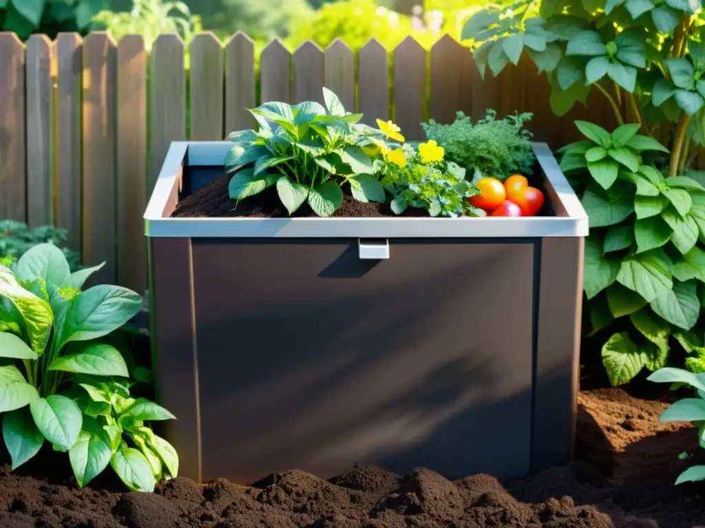 Un sereno oasis de compostaje doméstico para un hogar sostenible, con un compostero de madera oscura rodeado de exuberante vegetación y frutas